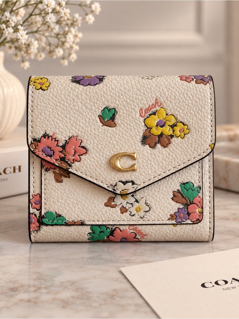 Coach Floral Leather Wallet - Cream with Multicolor Blooms
